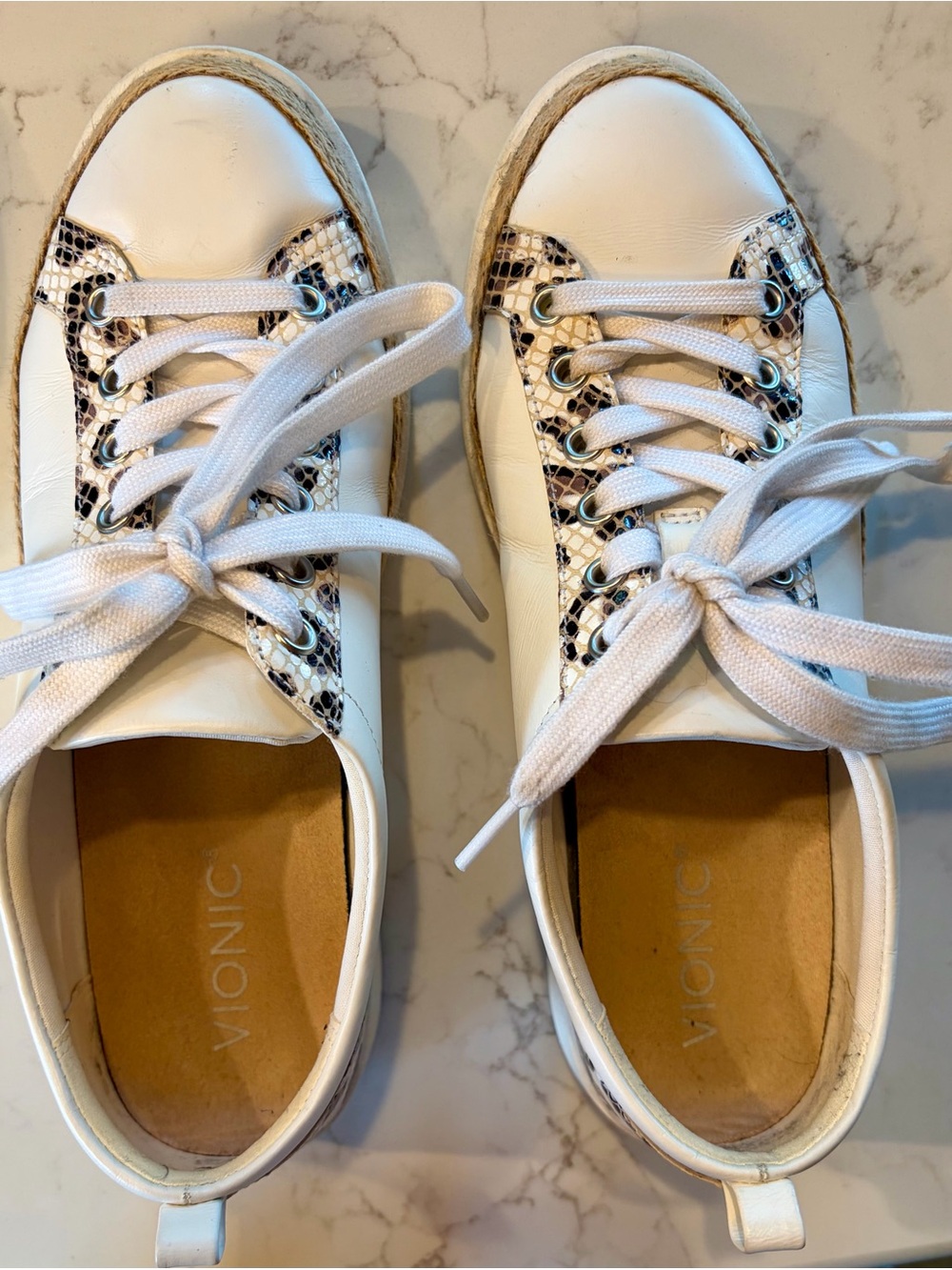 Vionic White Leather Sneakers with Snake-Print Panels